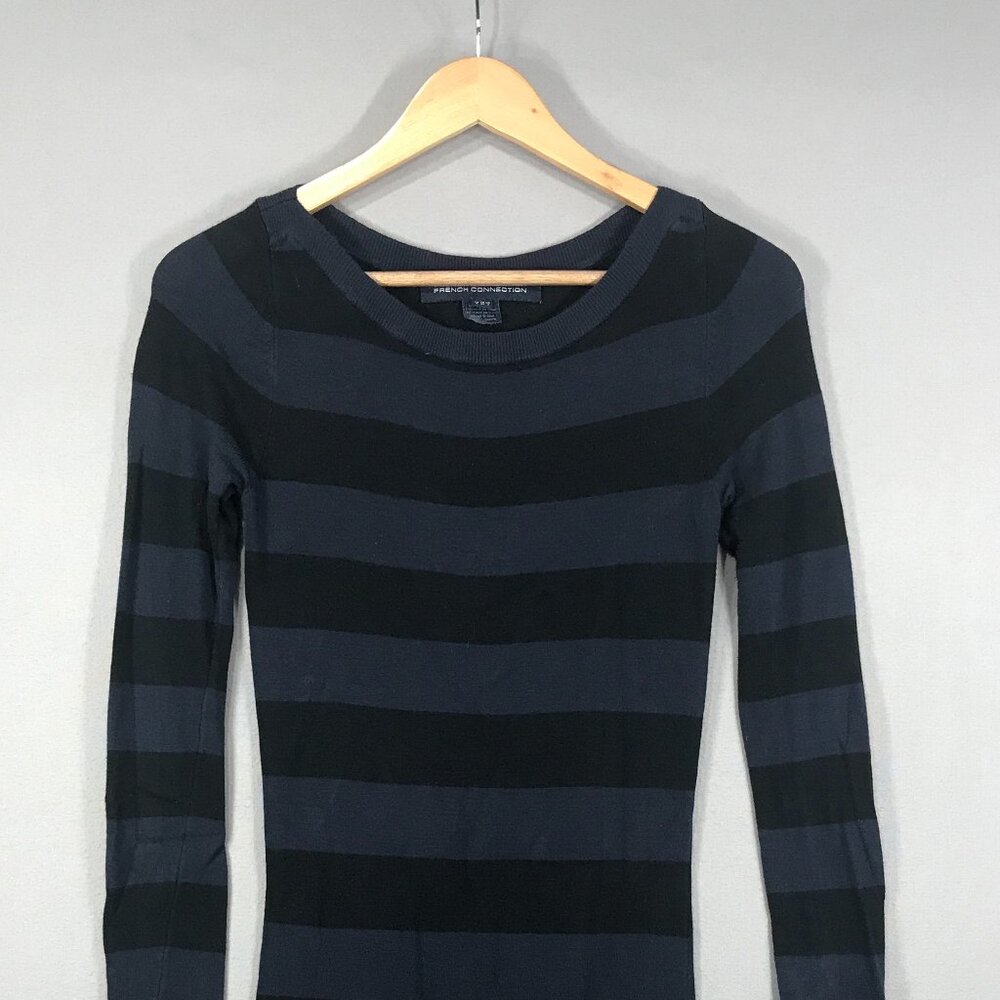 French Connection Sweater Dress Womens 2 Blue Black Striped Pullover Knee Length